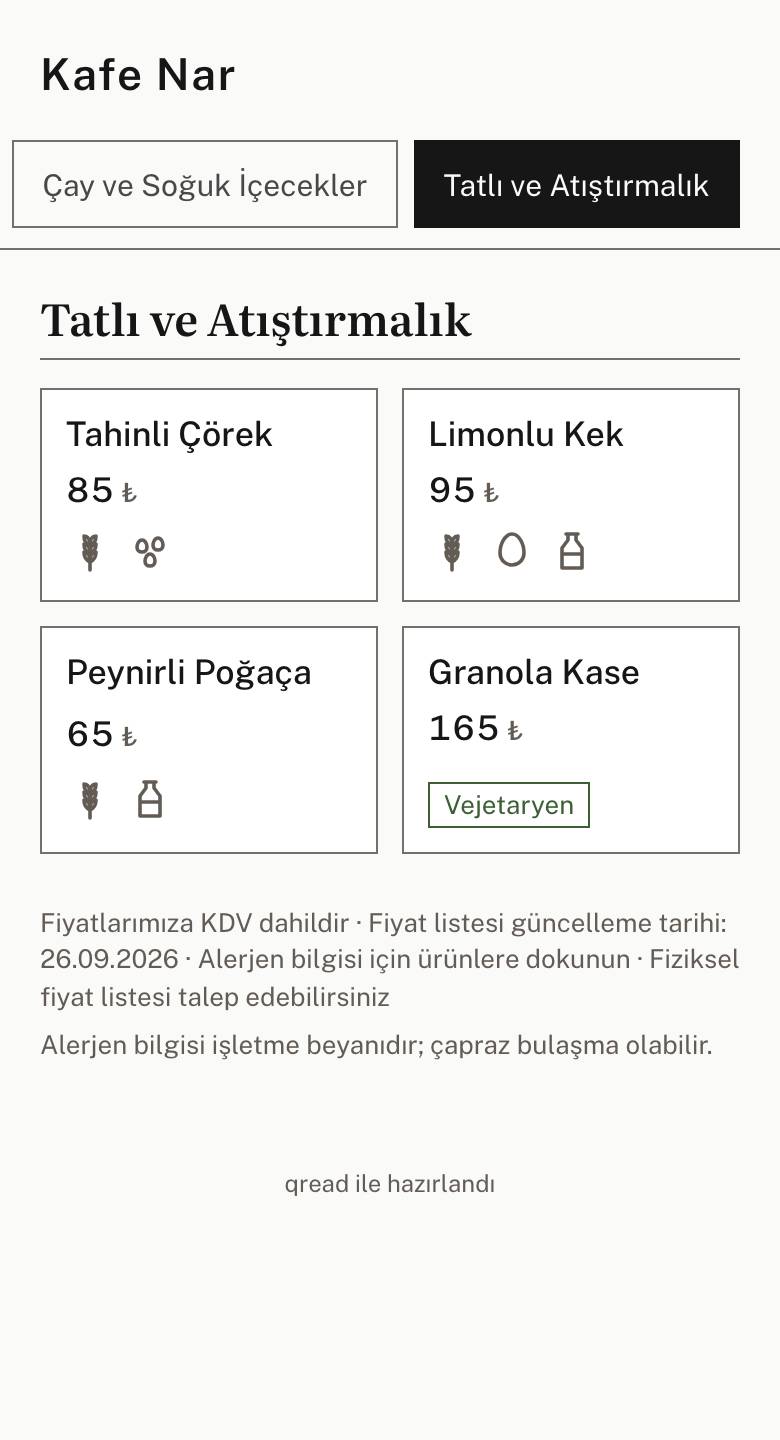 Akşamüstü soğuk içecekler bölümünün telefondaki görünümü