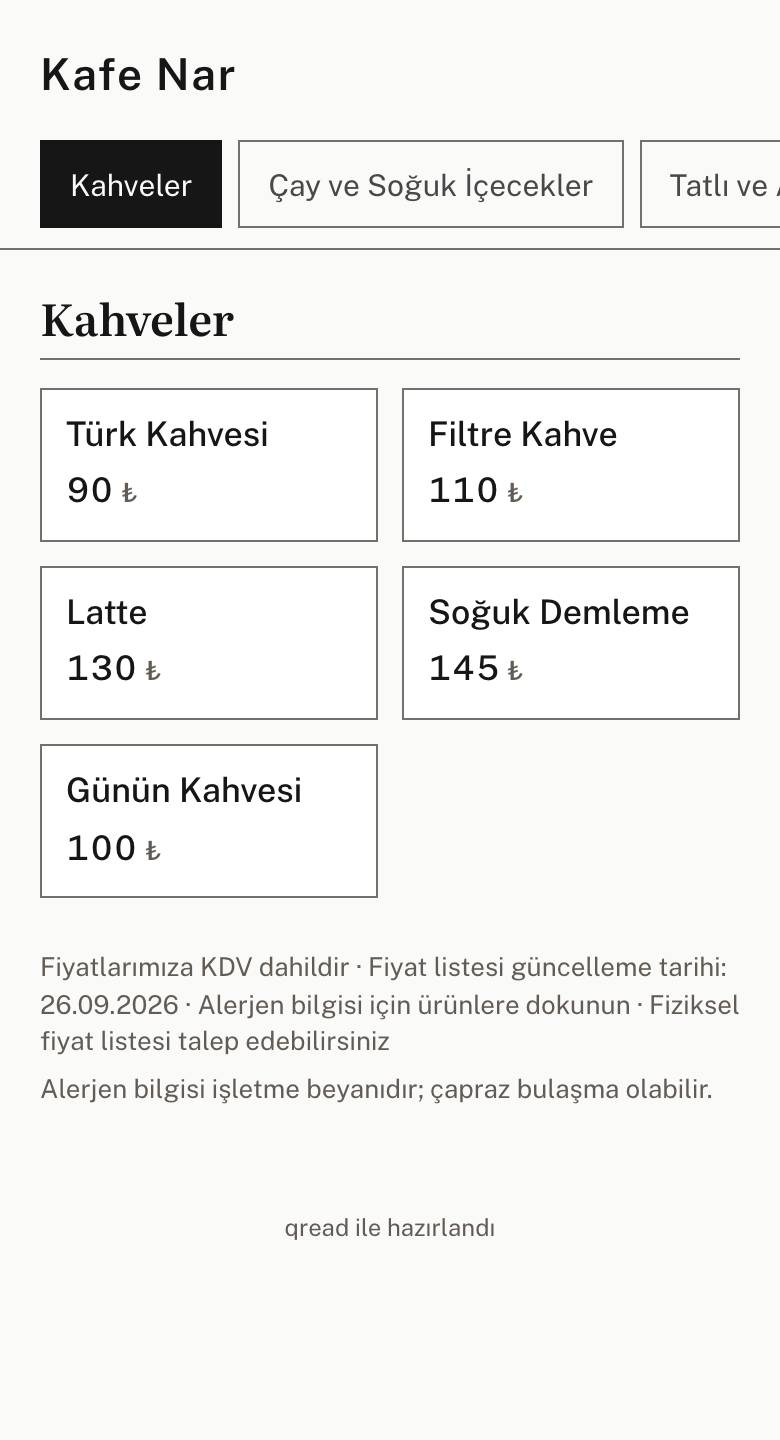 Sabah kampanya bloğuyla kafe menüsünün telefondaki görünümü