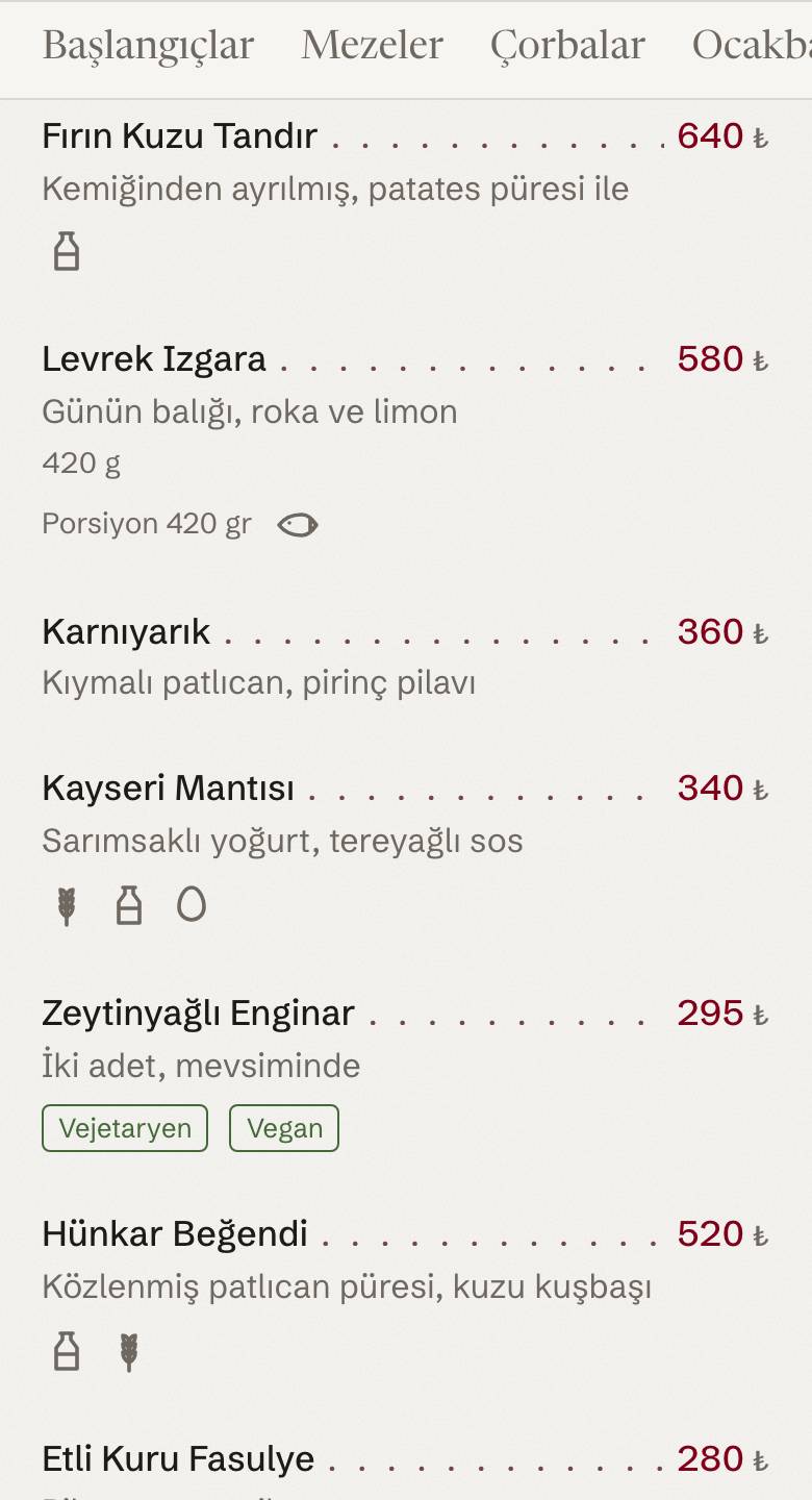Akşam menüsünde alerjen süzgeci açık liste görünümü