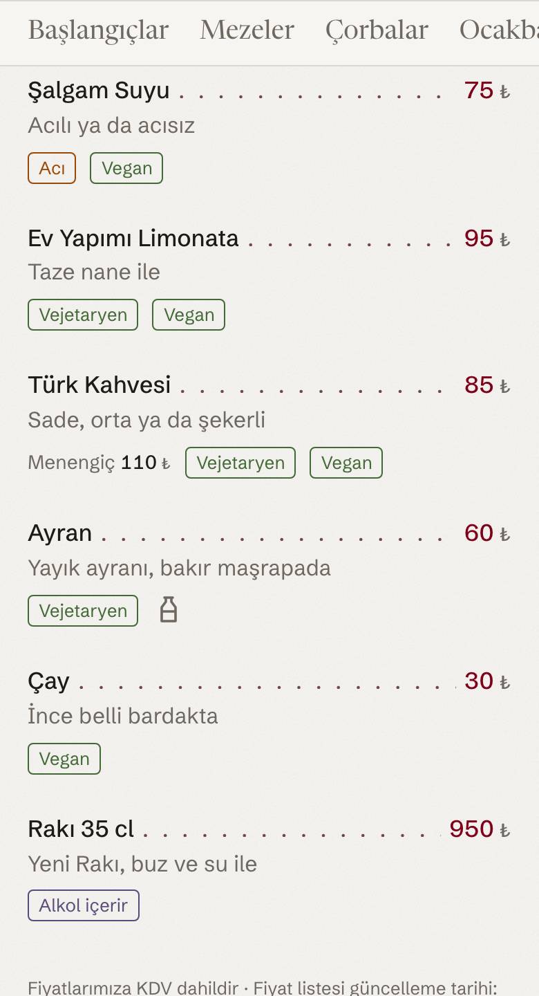 Gece saatinde tatlı ve kahve bölümünün telefondaki görünümü