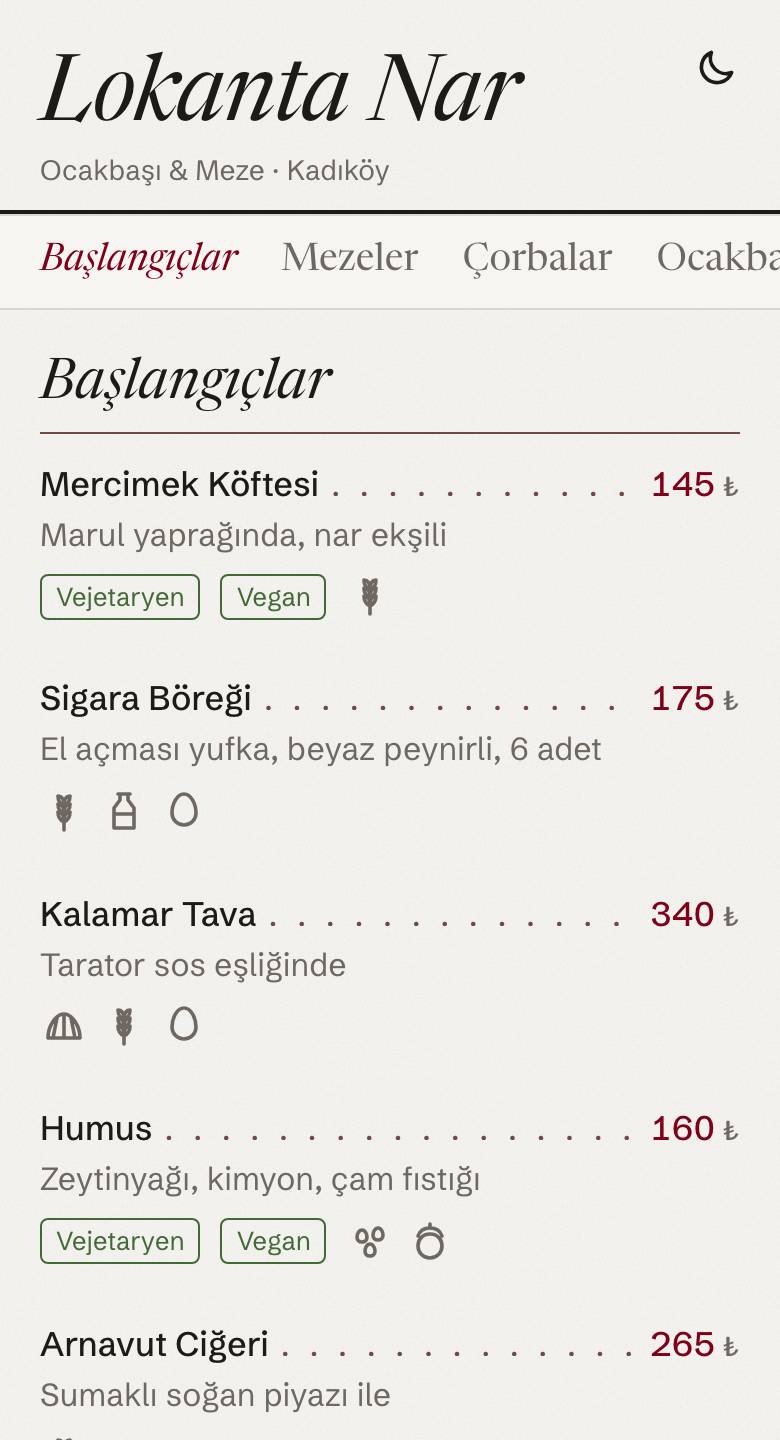 Öğle saatinde Lokanta Nar menüsünün telefondaki görünümü